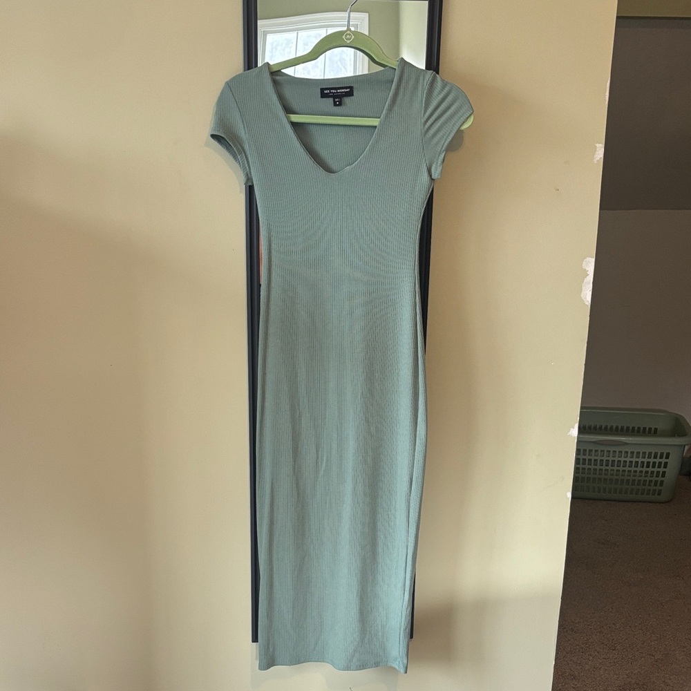 See You Monday Light Green Ribbed Midi Dress
